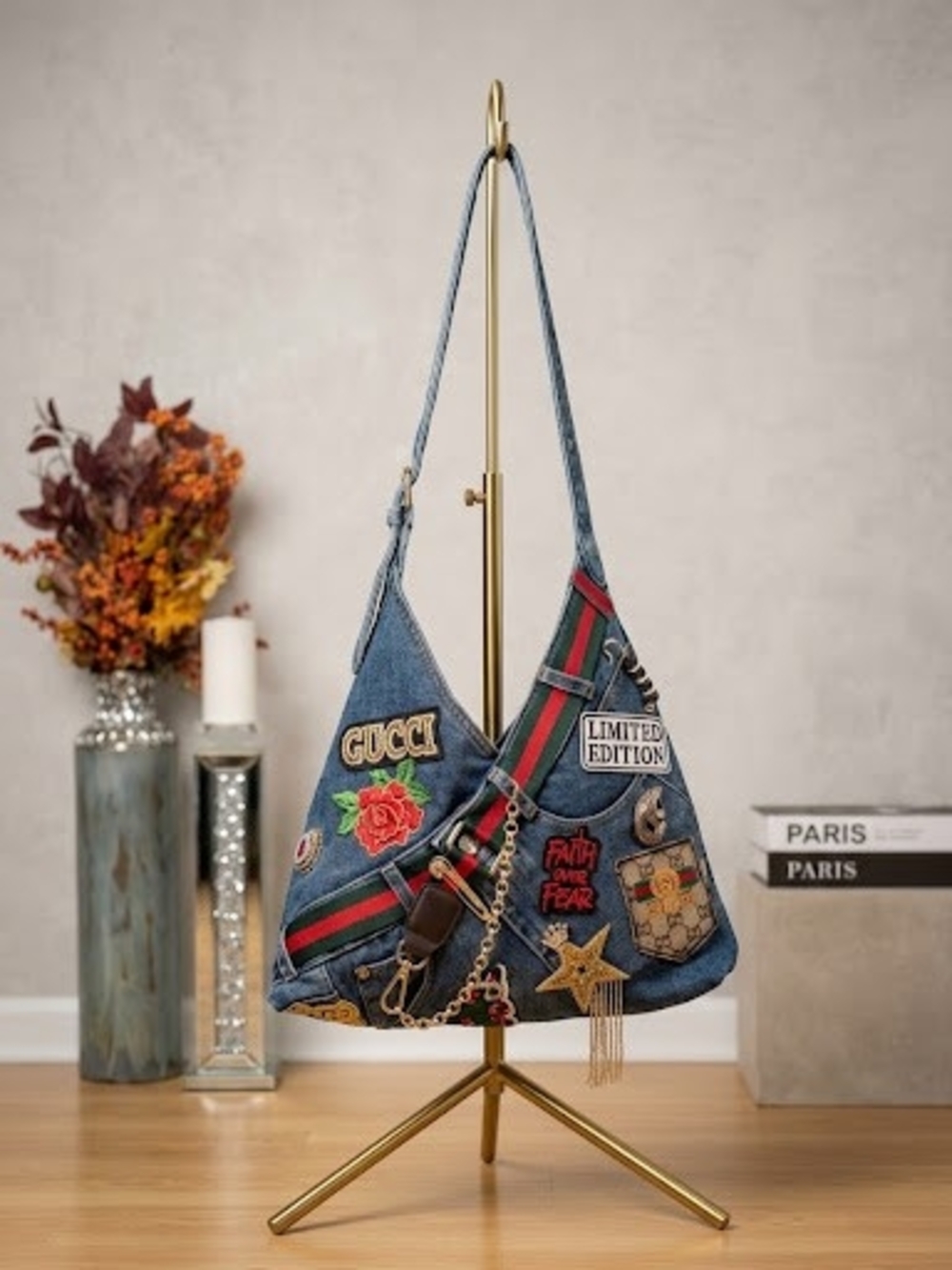 Custom Made Gucci Loggo Embellished Denim Shoulder Bag in Blue & Red